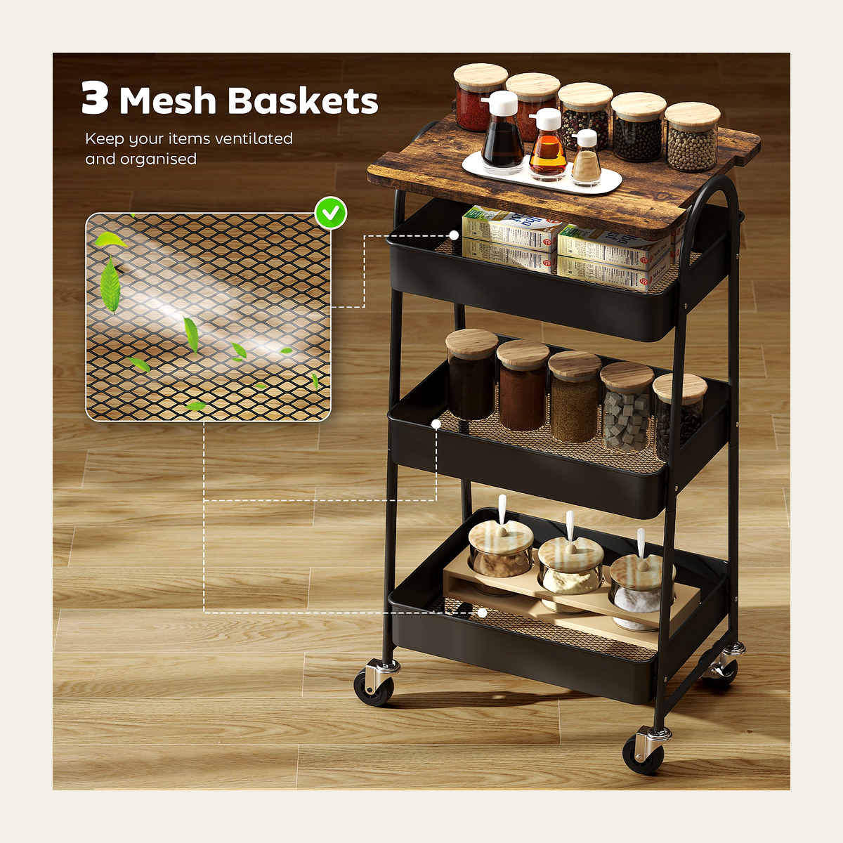 Three-Tier Mobile Storage Trolley – Rustic Brown – Rovenmere Home