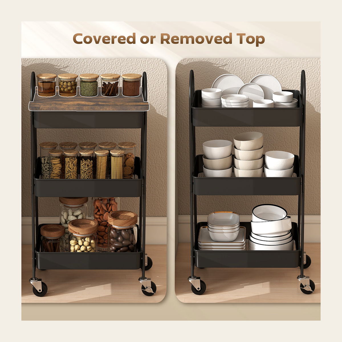 Three-Tier Mobile Storage Trolley – Rustic Brown – Rovenmere Home