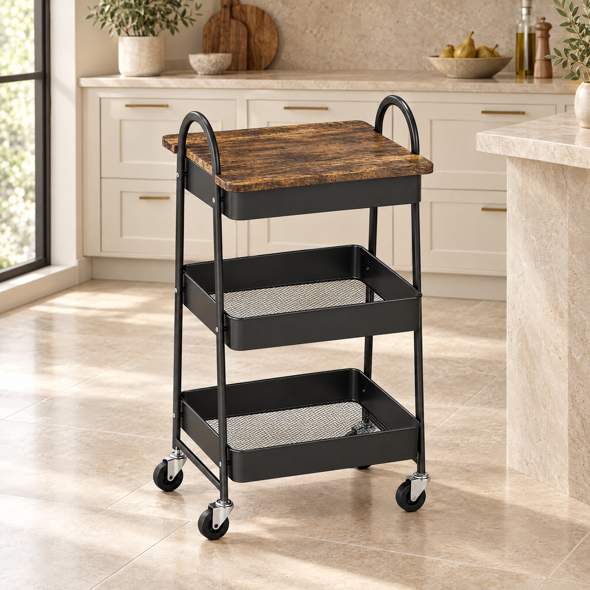 Rustic Brown Three-Tier Storage Trolley – Rovenmere