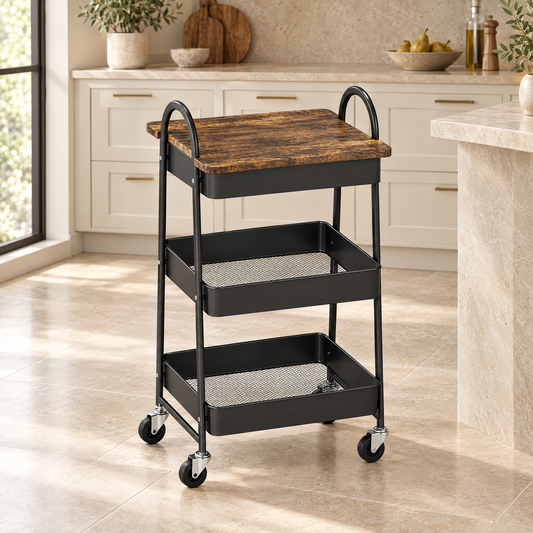 Rustic Brown Three-Tier Storage Trolley – Rovenmere