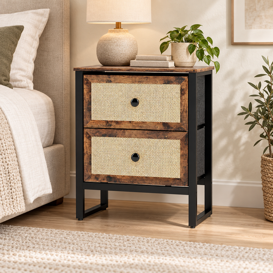 Rustic brown woven-front bedside cabinet