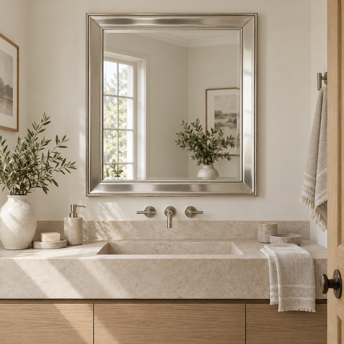 Silver statement bathroom wall mirror