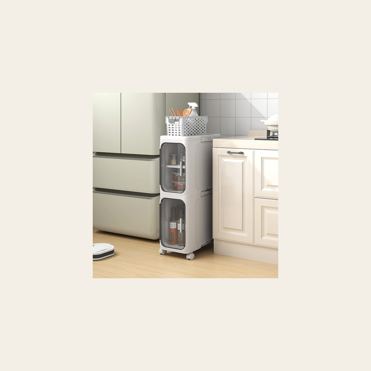 Slimline Two-Tier Storage Cabinet – White – Rovenmere Home