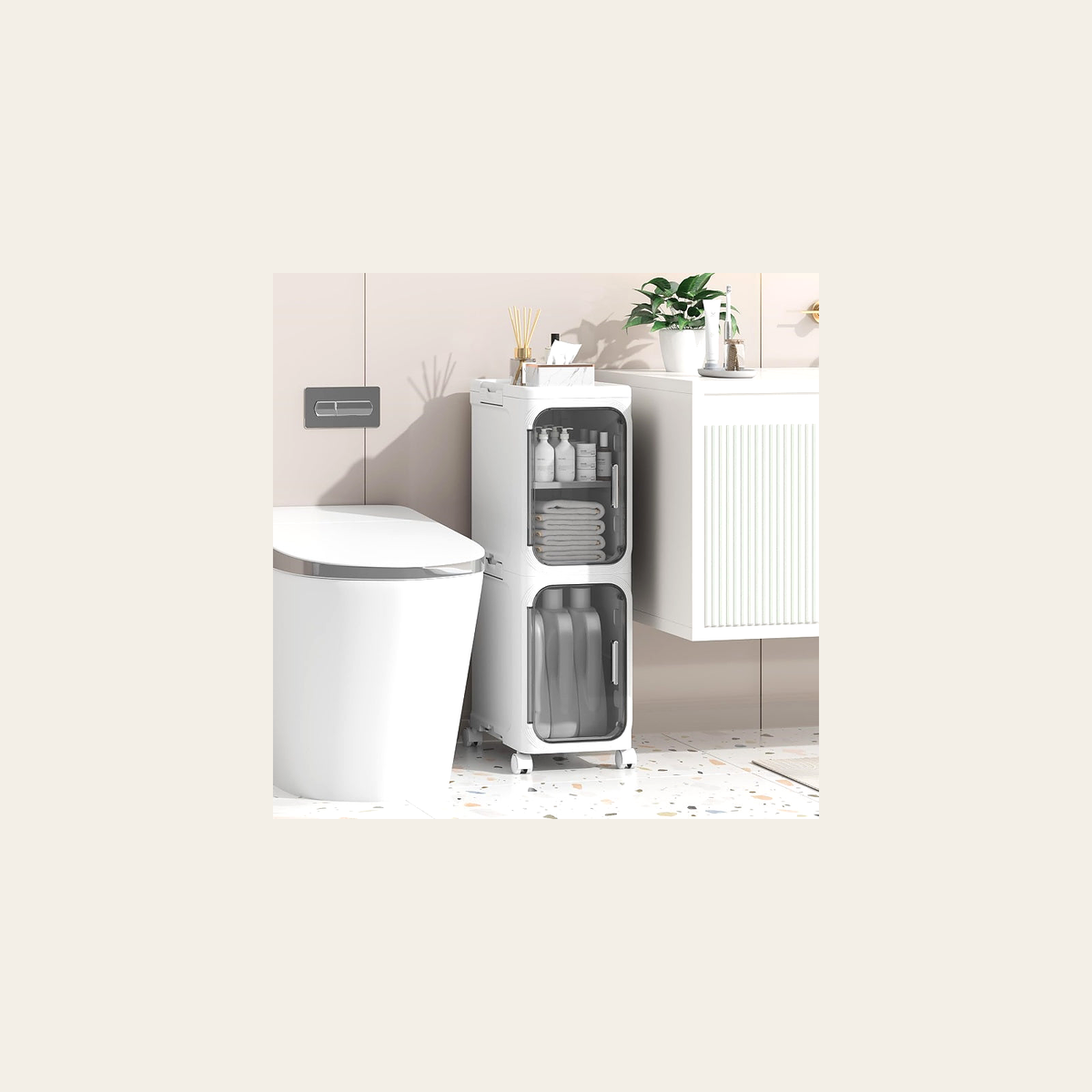 Slimline Two-Tier Storage Cabinet – White – Rovenmere Home
