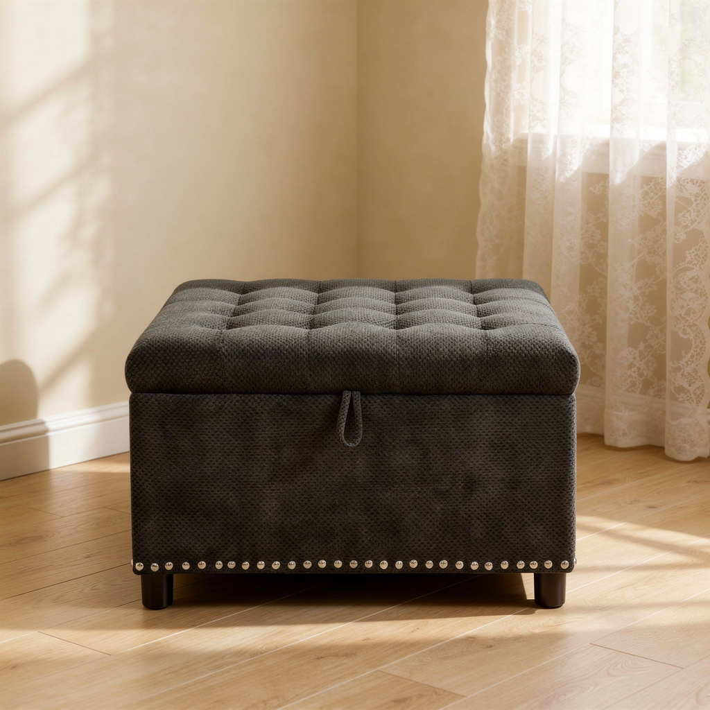 Rovenmere dark grey square storage ottoman in a warm neutral living room