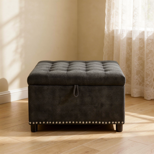 Rovenmere dark grey square storage ottoman in a warm neutral living room