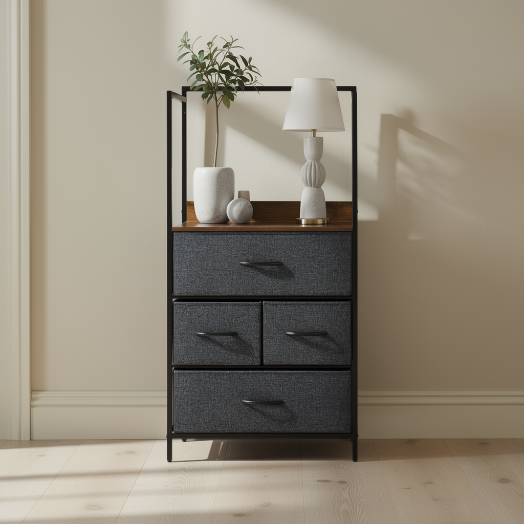 Rovenmere black four-drawer storage chest in a warm neutral interior