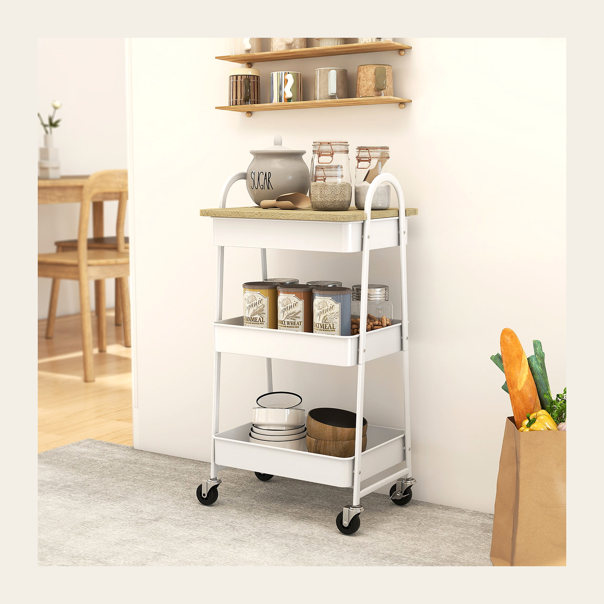 Three-Tier Mobile Storage Trolley – Oak & White – Rovenmere Home