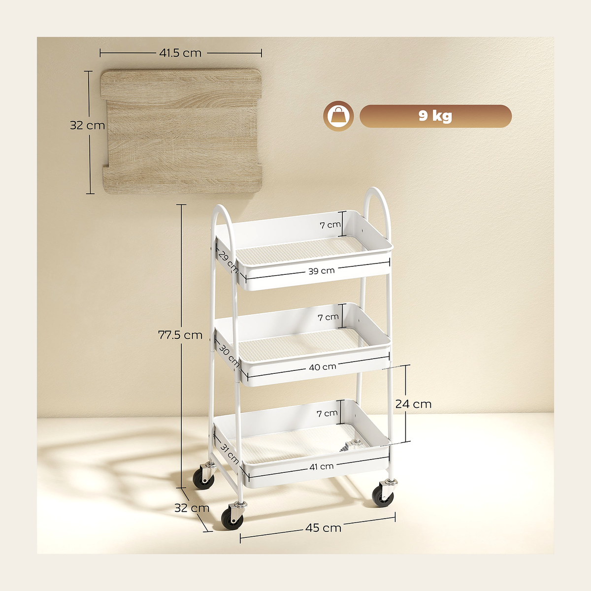 Three-Tier Mobile Storage Trolley – Oak & White – Rovenmere Home