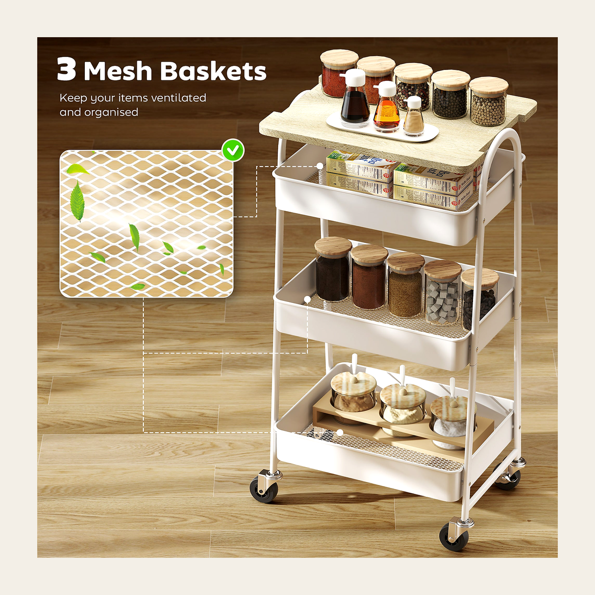 Three-Tier Mobile Storage Trolley – Oak & White – Rovenmere Home