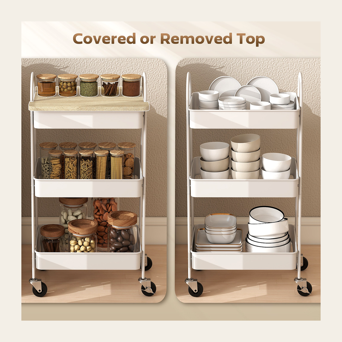 Three-Tier Mobile Storage Trolley – Oak & White – Rovenmere Home