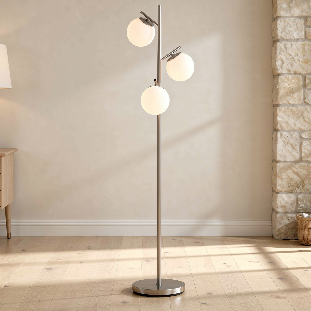 Rovenmere silver three-light tree floor lamp in a warm neutral living room