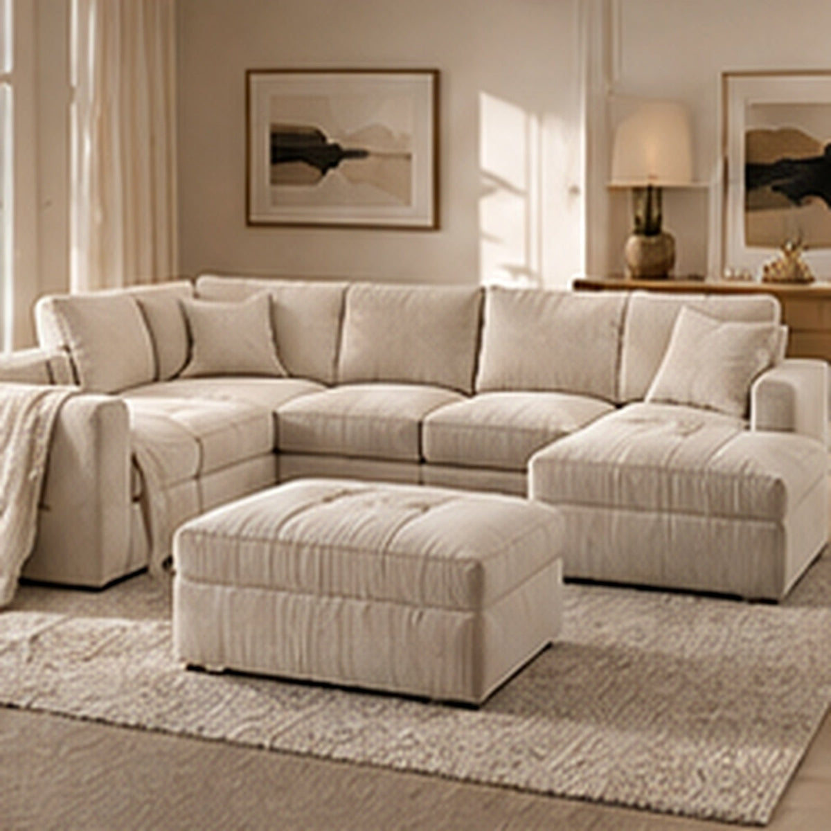 Rovenmere beige U-shaped corduroy sectional sofa in a premium living room