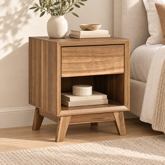 Walnut bedside table with drawer and shelf