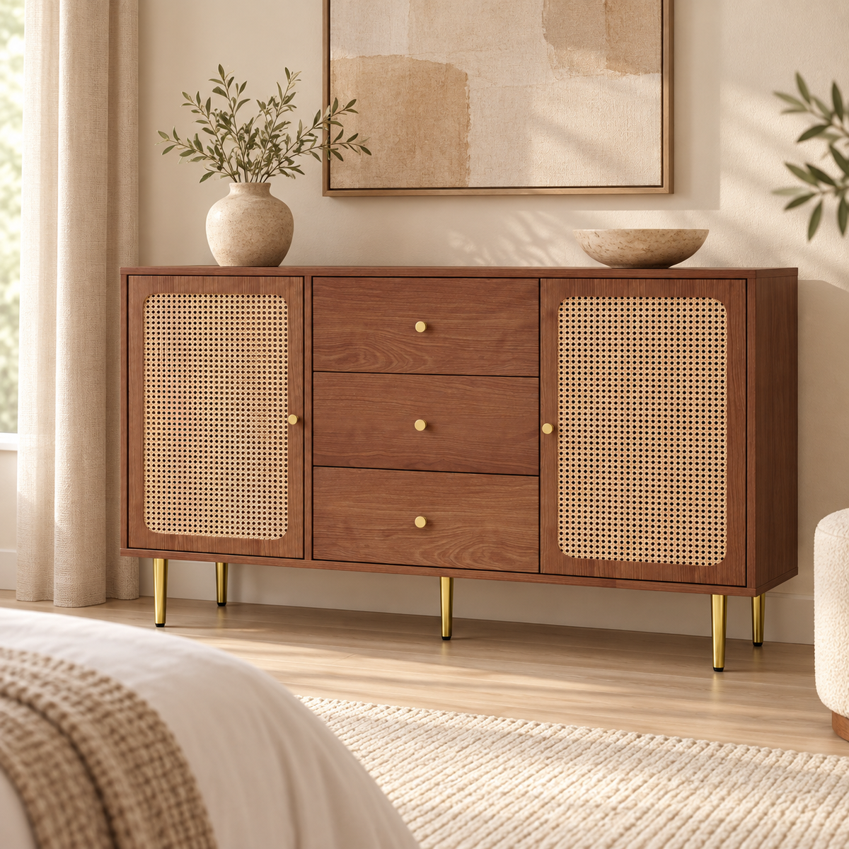 Walnut rattan sideboard with three drawers