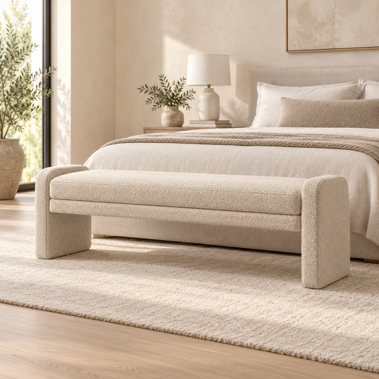 Wheat bouclé end-of-bed bench