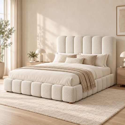 White bouclé hydraulic storage double bed
