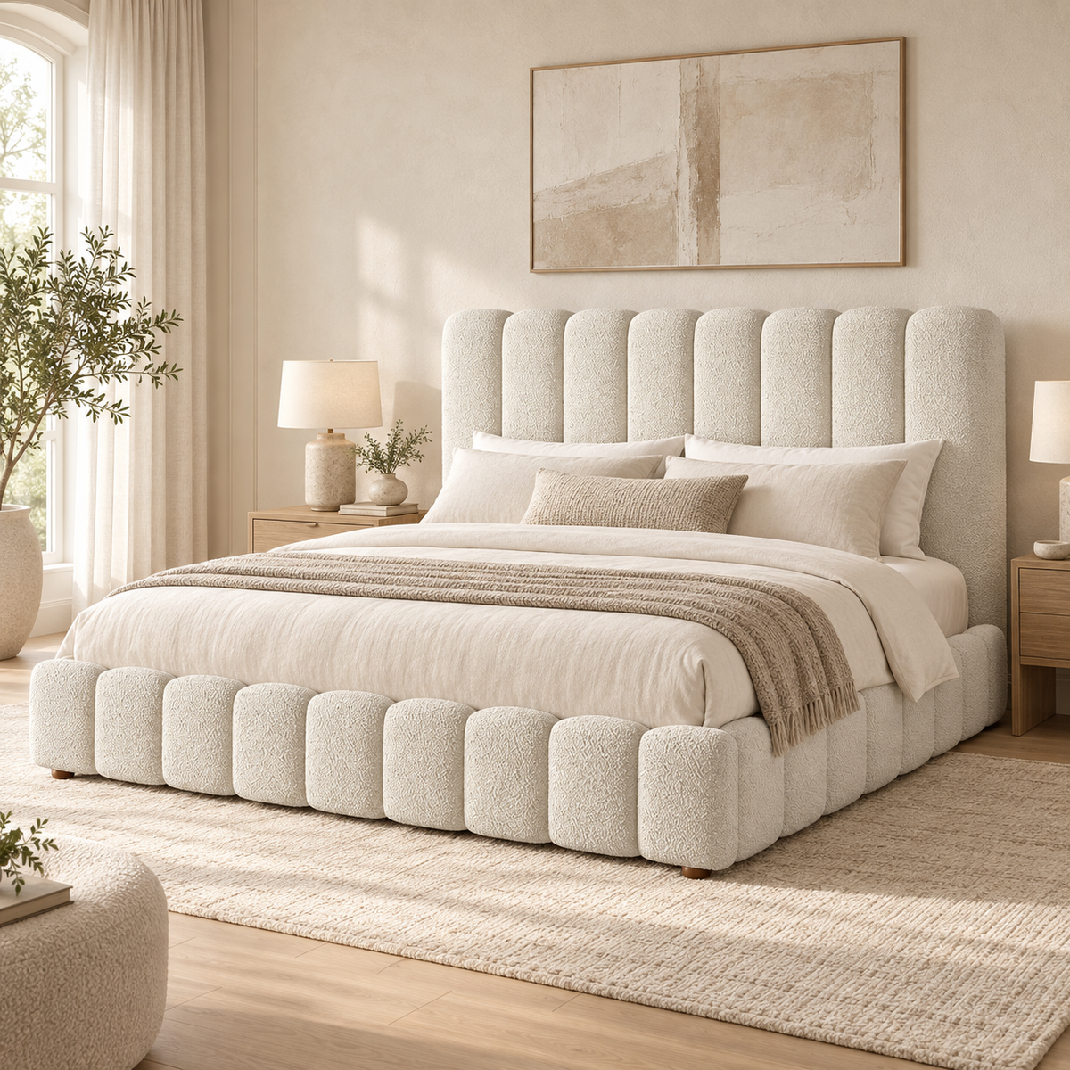 White bouclé hydraulic storage king bed