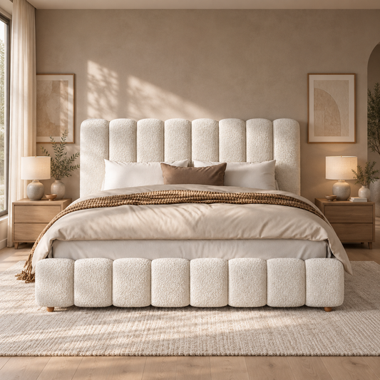 White bouclé hydraulic storage super king bed