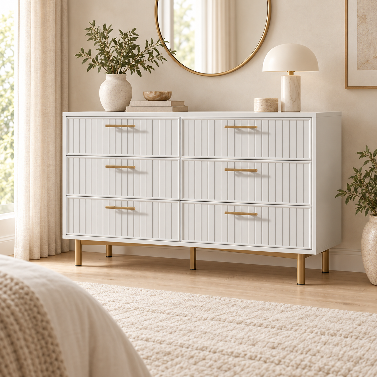 White fluted six-drawer chest