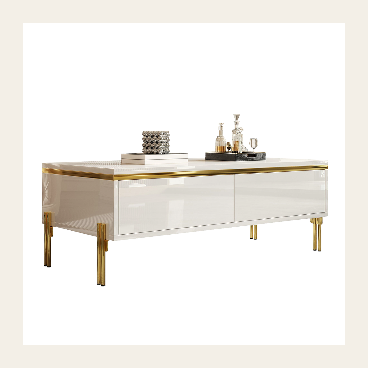 White High-Gloss Coffee Table with Storage – Rovenmere Home