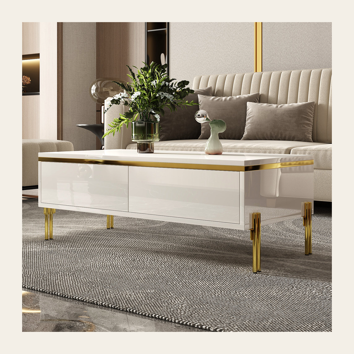 White High-Gloss Coffee Table with Storage – Rovenmere Home