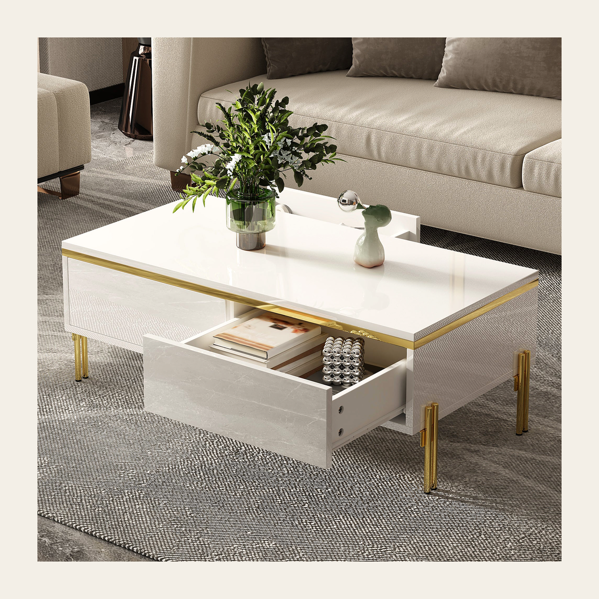 White High-Gloss Coffee Table with Storage – Rovenmere Home