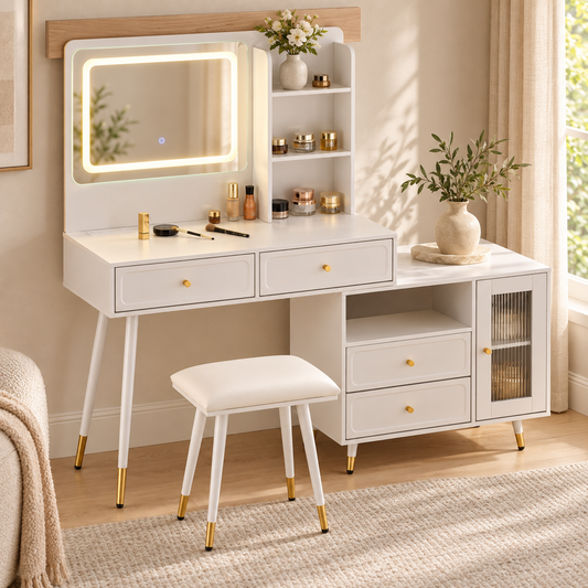 White dressing table with LED mirror and power outlet