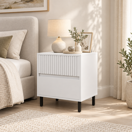 White two-drawer bedside table with line detail