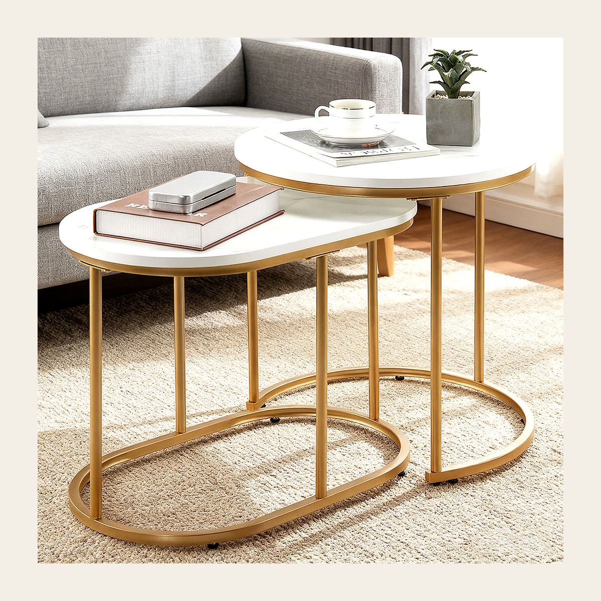 White Marble-Effect Nesting Tables – Set of 2 – Rovenmere Home