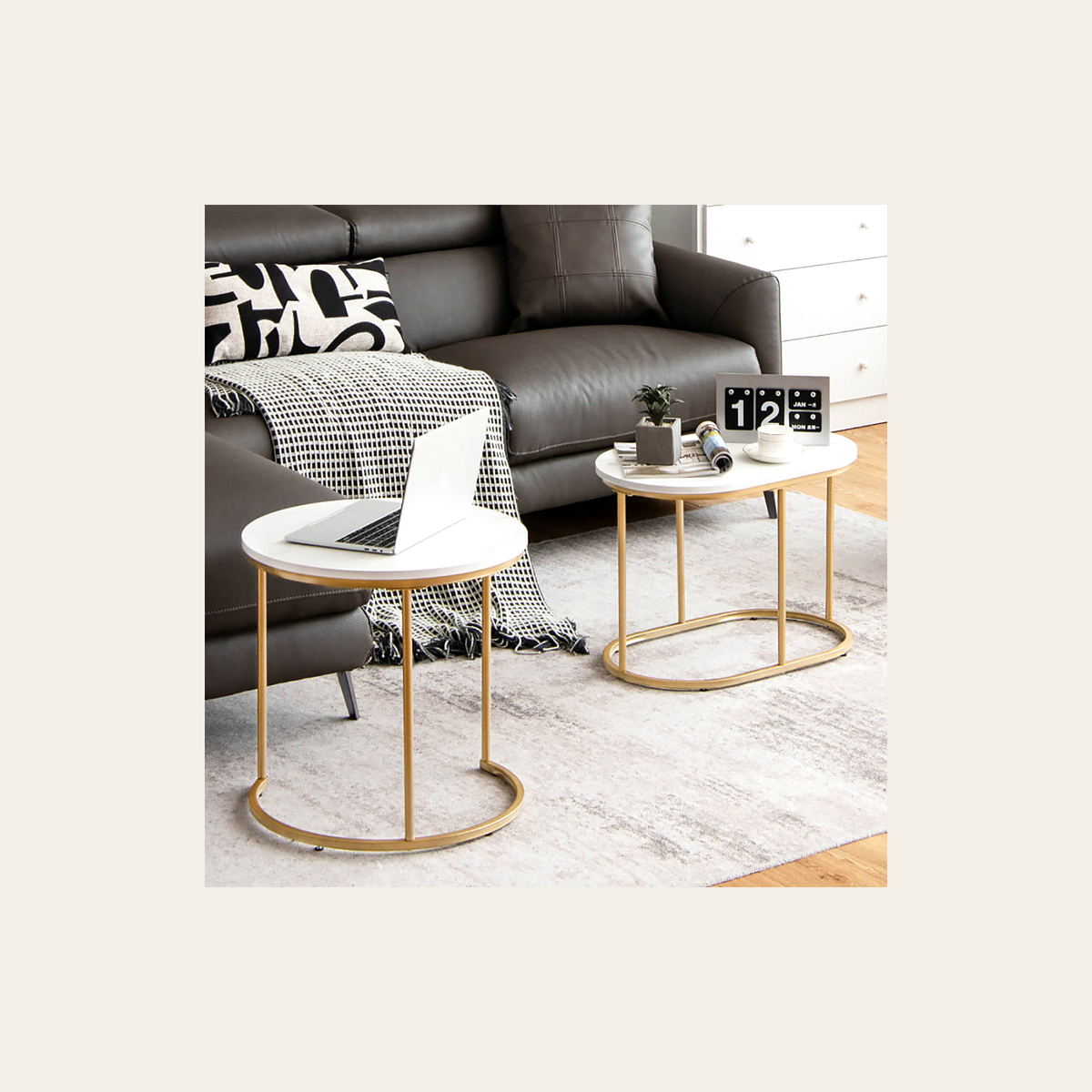 White Marble-Effect Nesting Tables – Set of 2 – Rovenmere Home