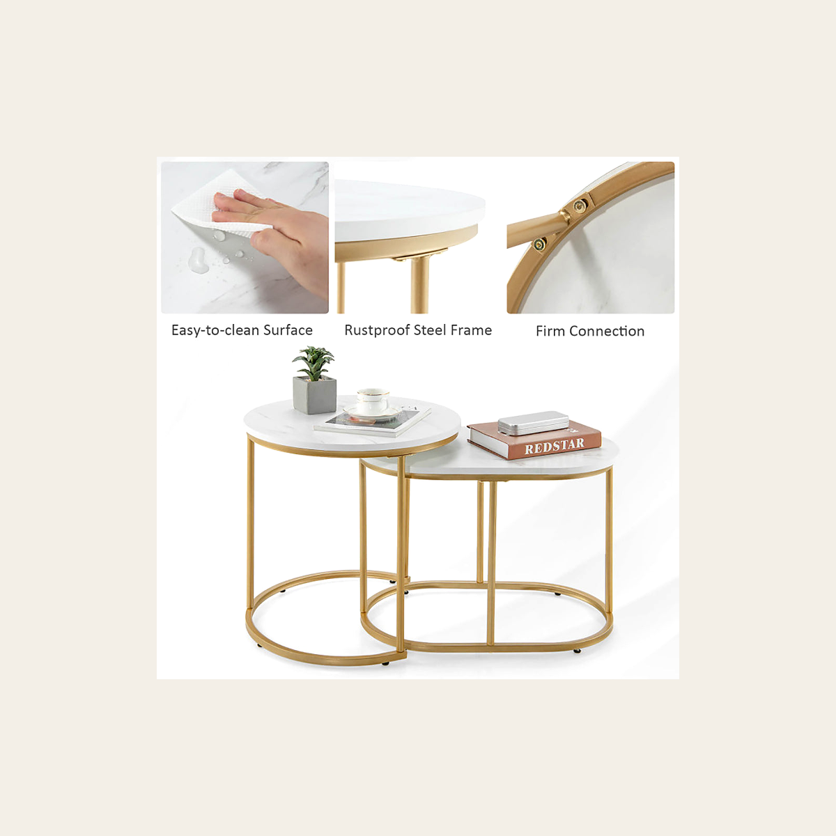 White Marble-Effect Nesting Tables – Set of 2 – Rovenmere Home