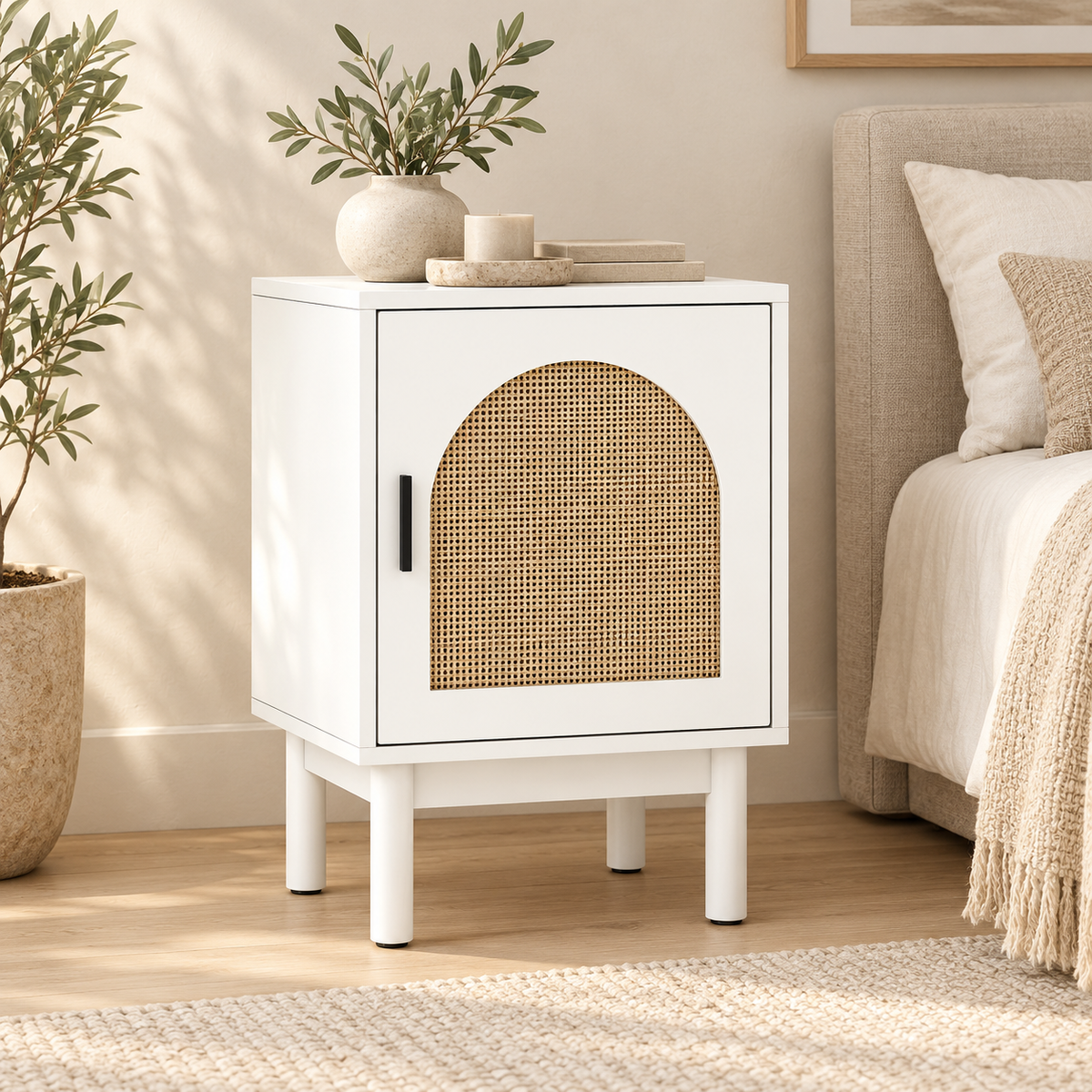 White arched rattan bedside cabinet