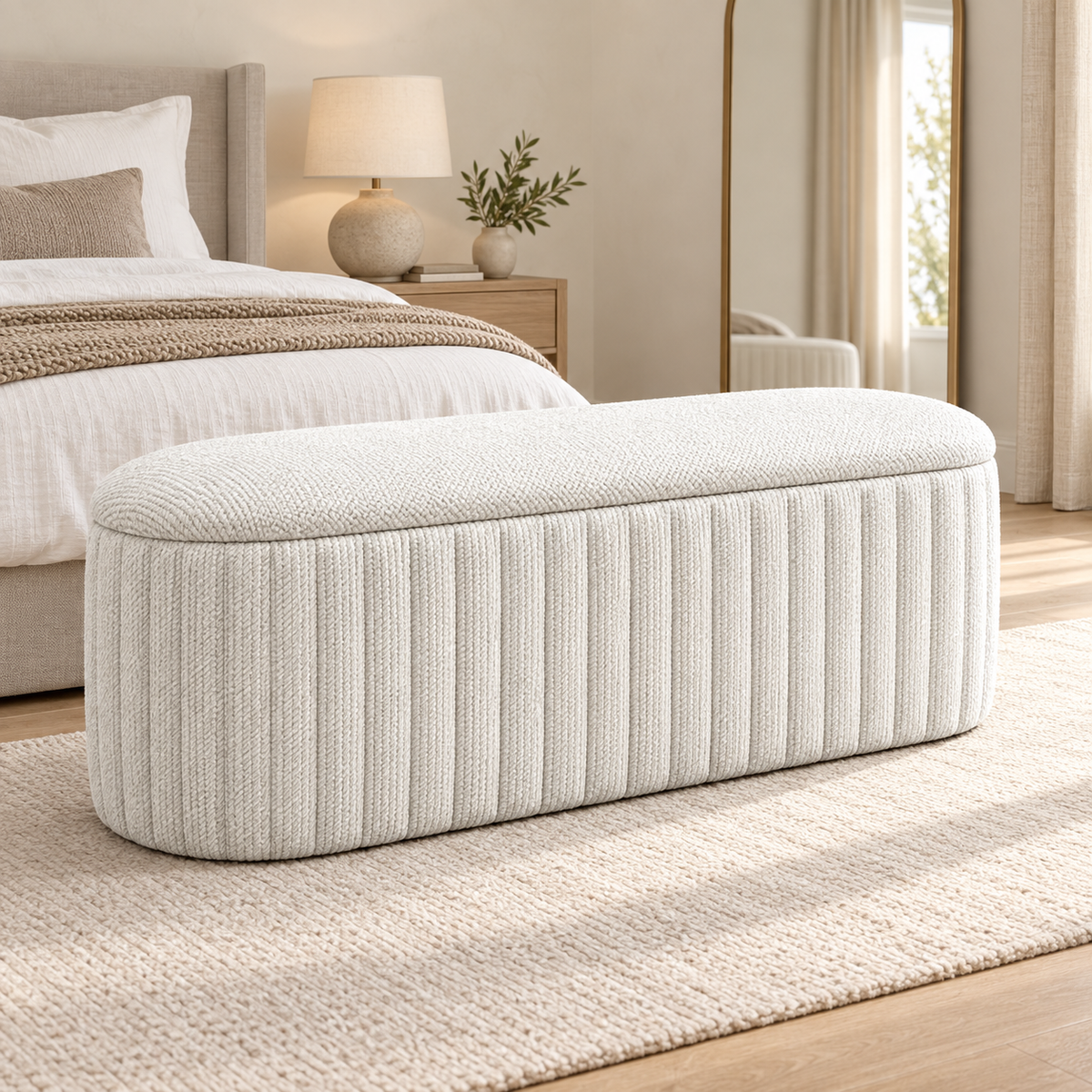 White ribbed upholstered storage bench