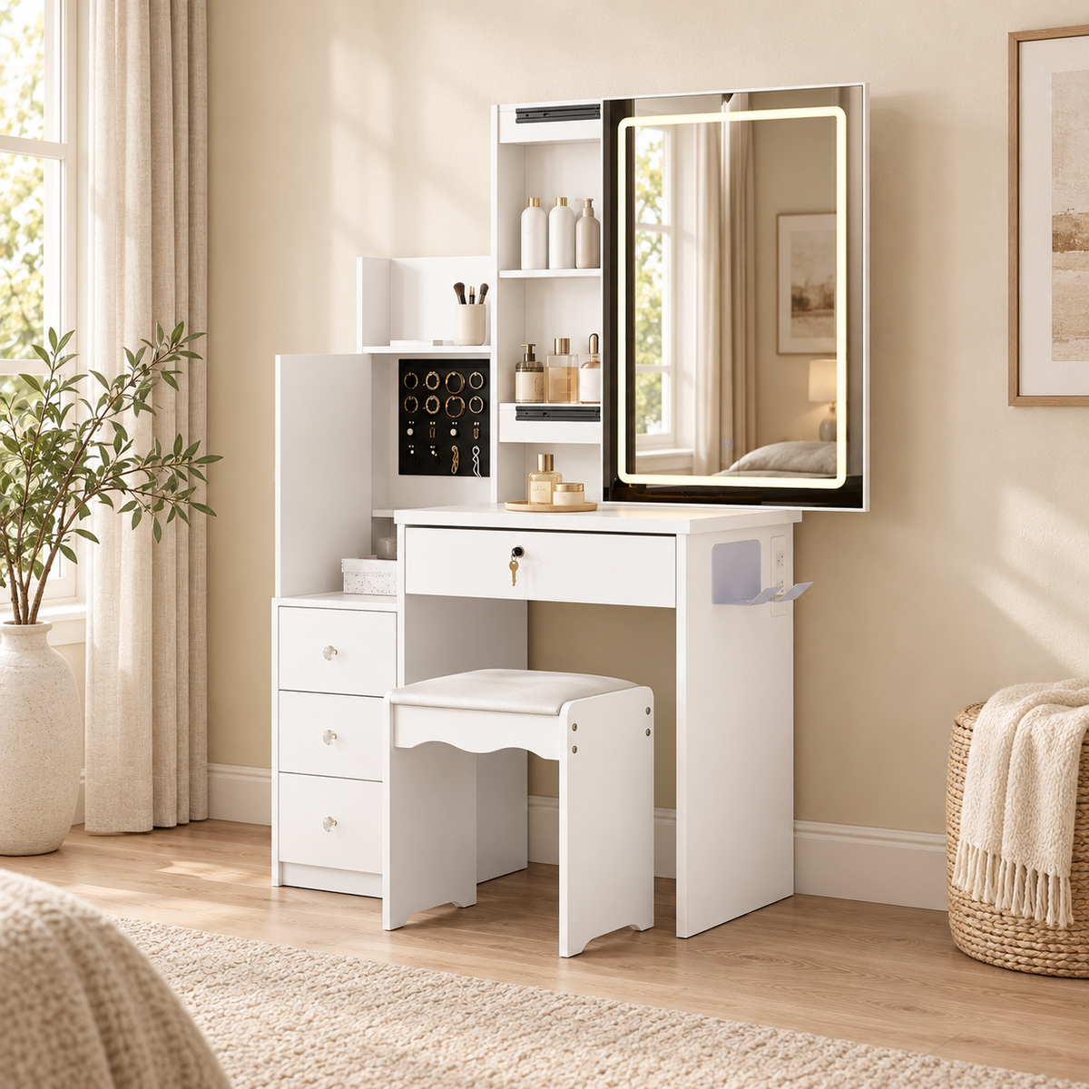 White LED sliding-mirror dressing table with stool
