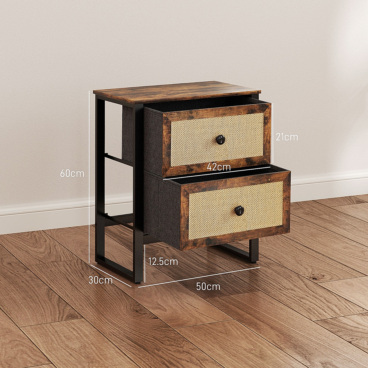 Woven-Front Bedside Cabinet – Rustic Brown – Rovenmere Home