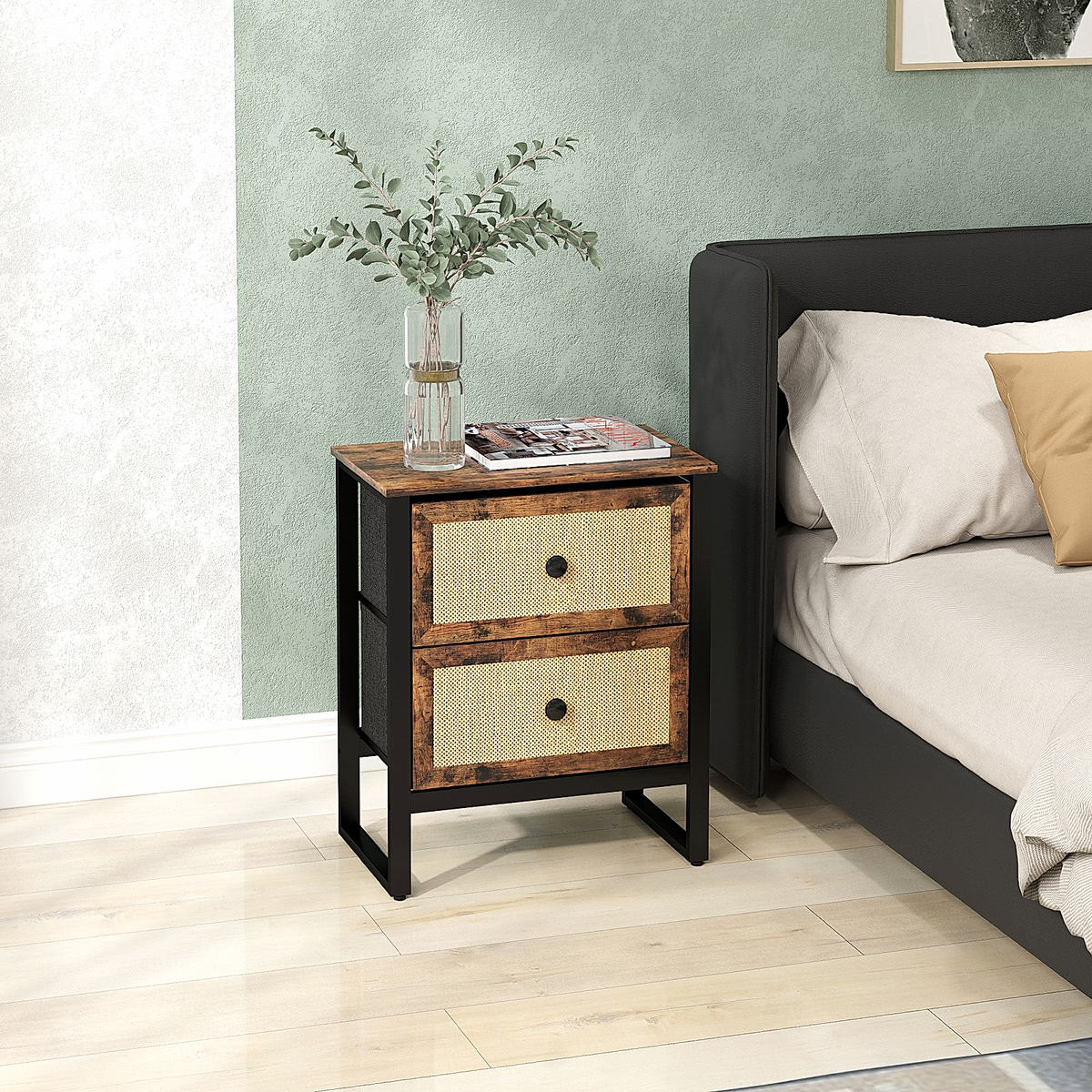 Woven-Front Bedside Cabinet – Rustic Brown – Rovenmere Home