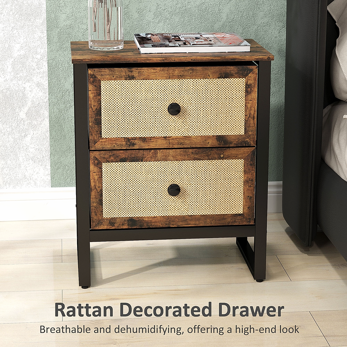 Woven-Front Bedside Cabinet – Rustic Brown – Rovenmere Home