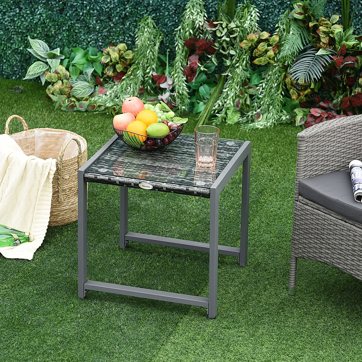 Woven Rattan Garden Side Table – Grey – Rovenmere Home